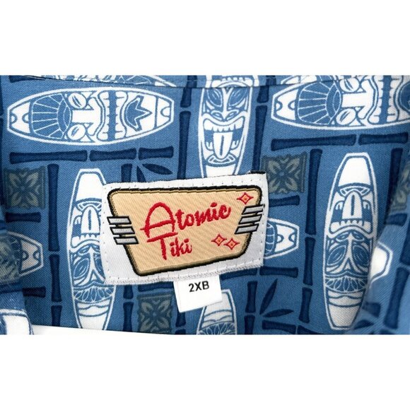 Atomic Tiki 2XB Hawaiian Camp Shirt Men's Blue Surf Wooden Buttons Short Sleeve - Picture 2 of 5